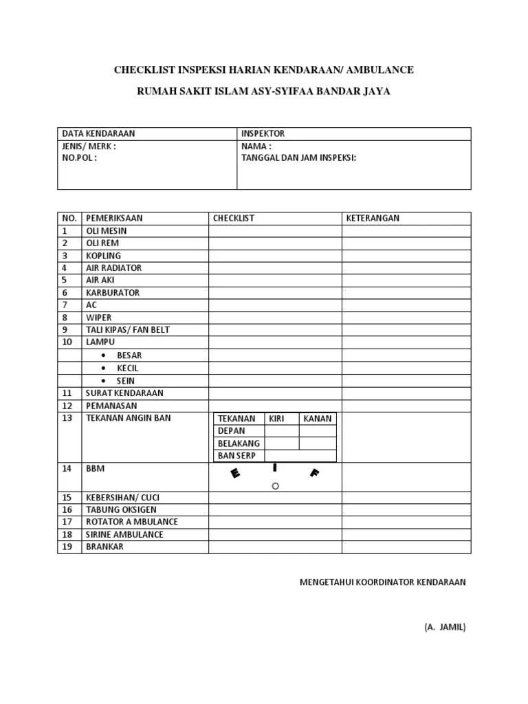 Form Checklist Kendaraan Operasional. Checklist Inspeksi Harian Kendaraan