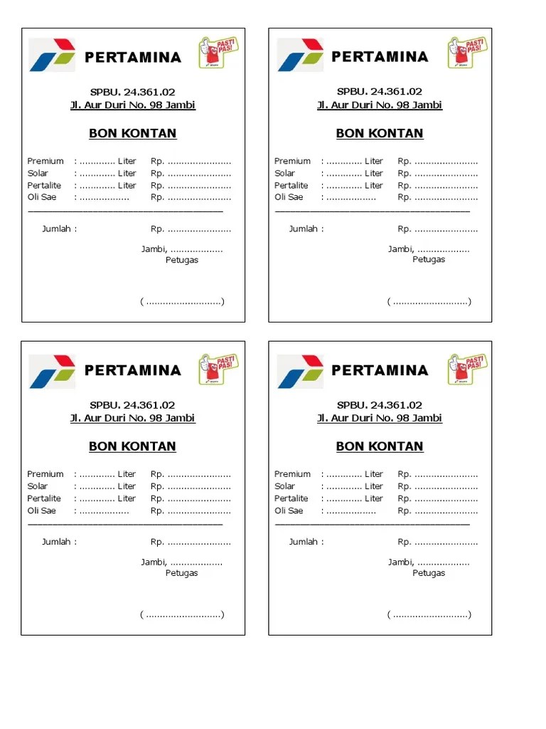 Bon Bensin Manual Kosong. Nota Pertamina