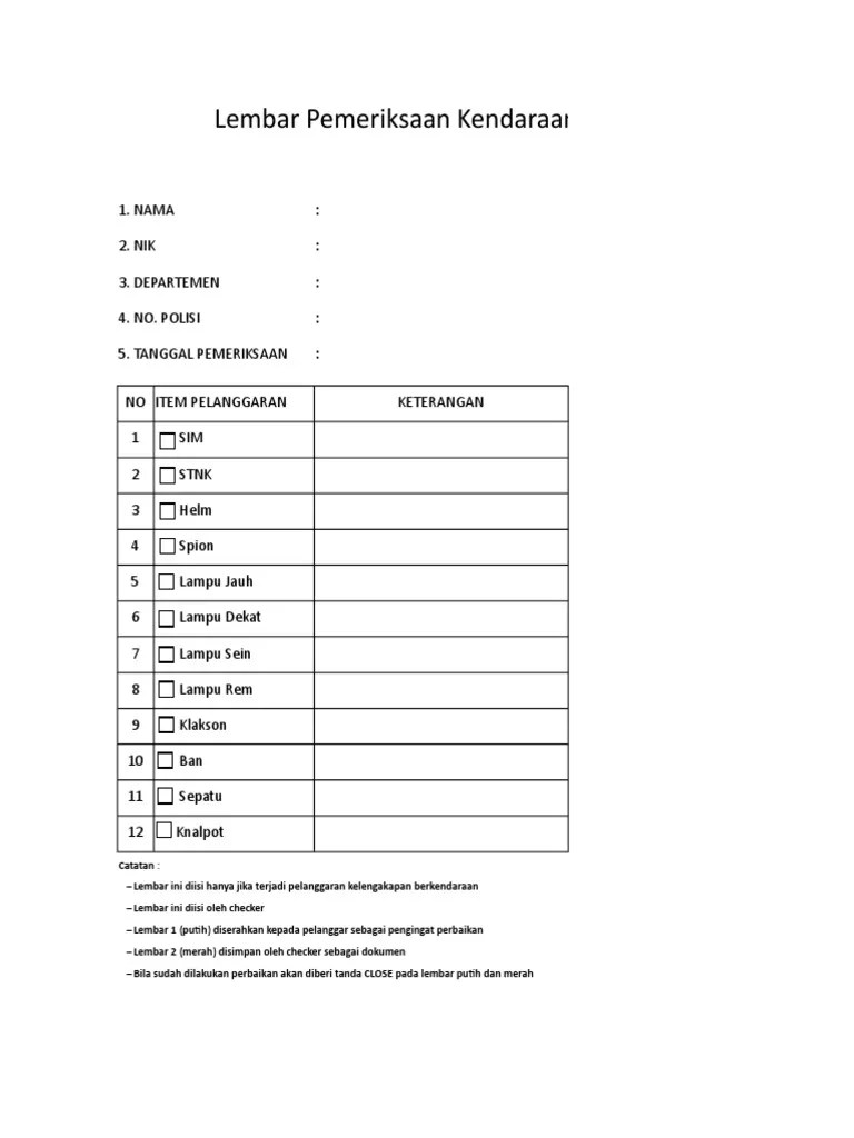 Form Checklist Kendaraan Operasional. Form Checklist Kendaraan Bermotor Roda 2