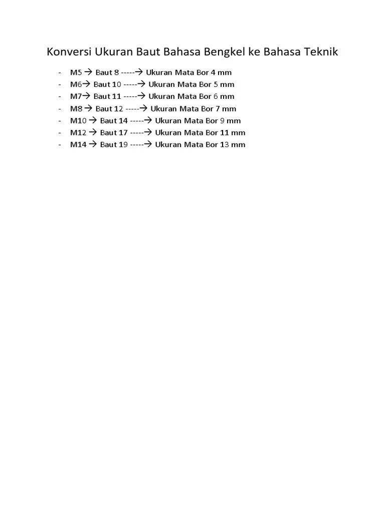 Ukuran Mata Bor Untuk Baut 10. Konversi Ukuran Baut Bahasa Bengkel Ke Bahasa Teknik