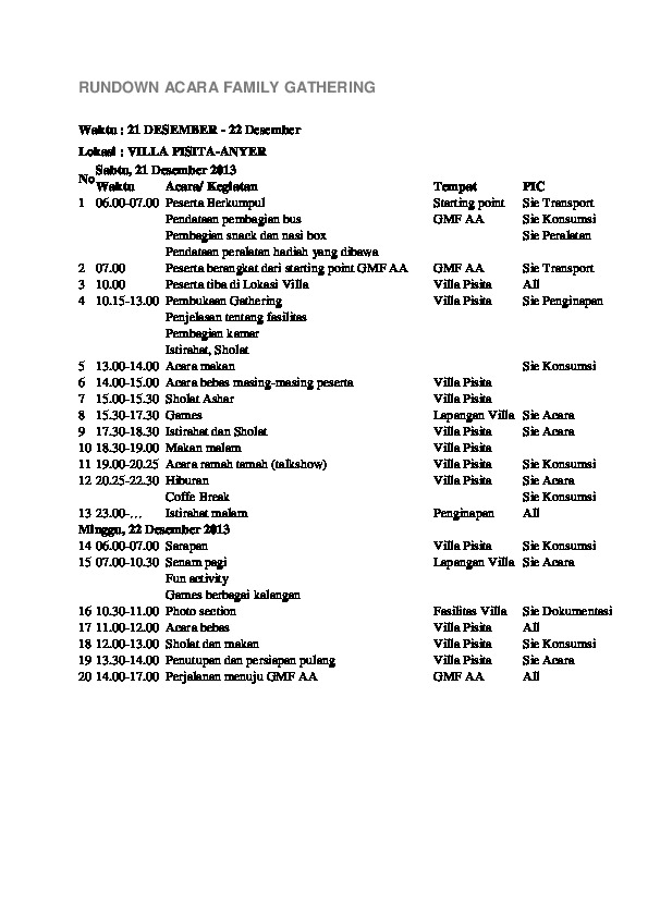 Rundown Acara Family Gathering. RUNDOWN ACARA FAMILY GATHERING