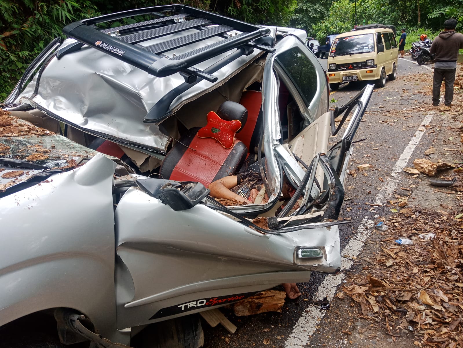 Mobil Avanza Warna Silver. Mobil Avanza Silver Tertimpa Pohon, Satu Korban Meninggal Dinia dan Penumpang Lain nya Mengalami Luka